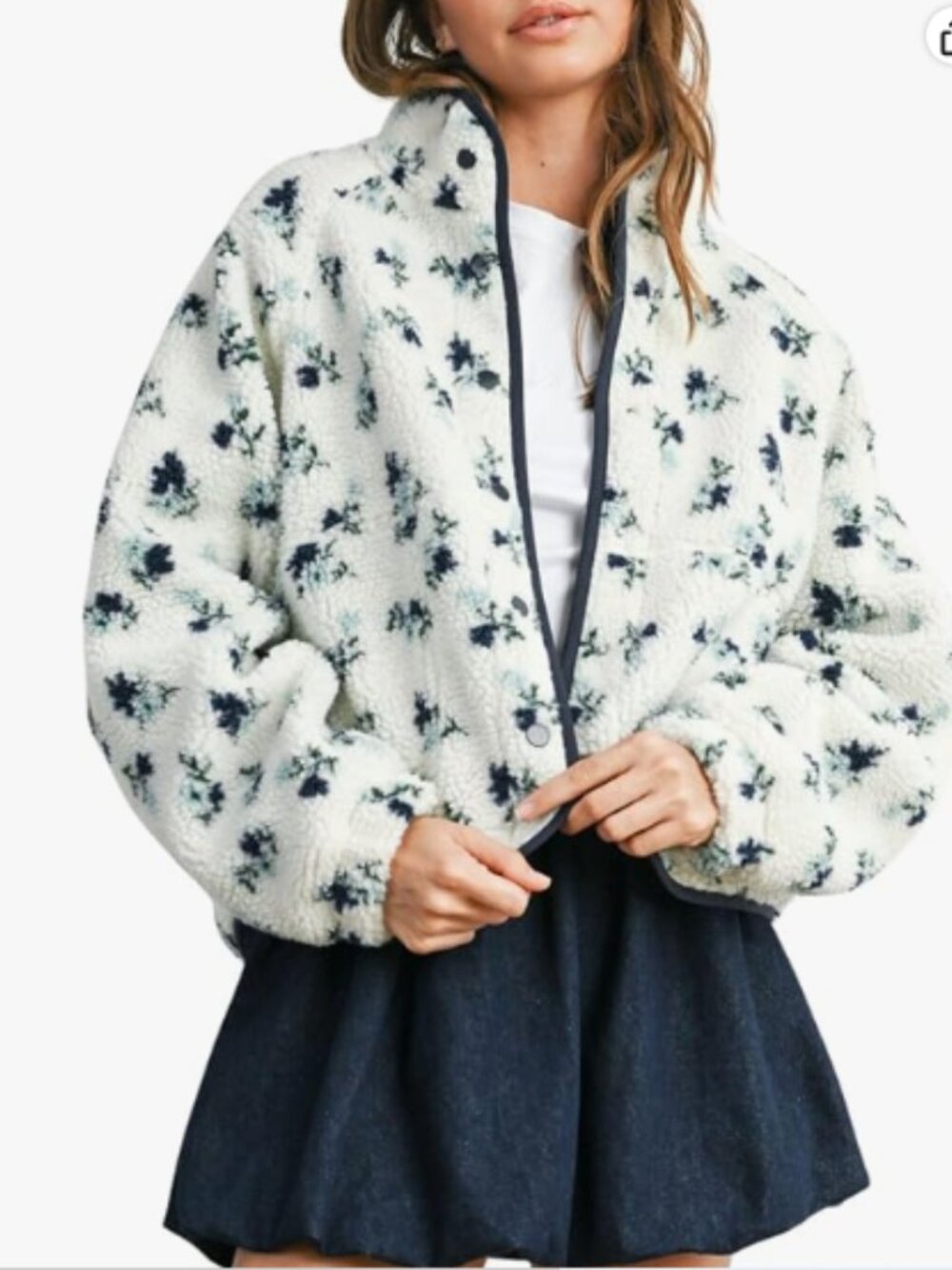 Women's Floral Print Fluffy Fleece Jacket Snap Button Winter